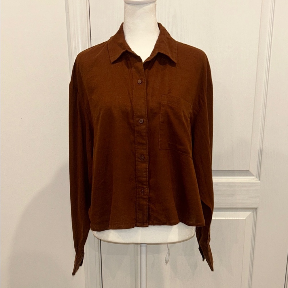 Old Navy The Cropped Shirt Linen-Blend Chocolate Brown Color, Size M - Picture 6 of 14